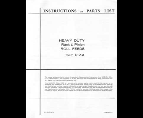 Niagara Heavy Duty Rack & Pinion Roll Feed Manual