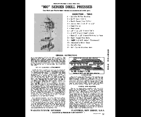Walker-Turner 900 Series Drill Press Manual DP93
