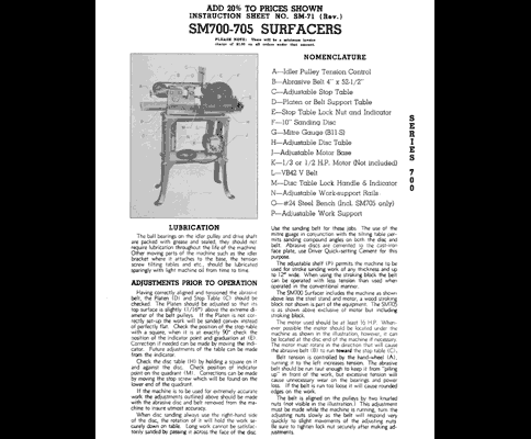 Walker-Turner SM700-SM705 Surfacer Instruction Sheet