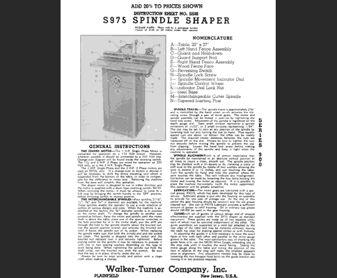 Walker-Turner S975 Spindle Shaper Manual SS92