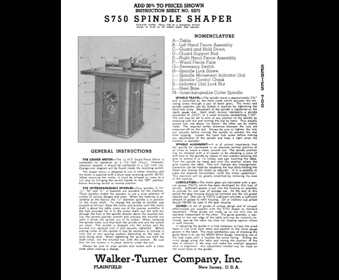 Walker-Turner S750 Spindle Shaper Manual