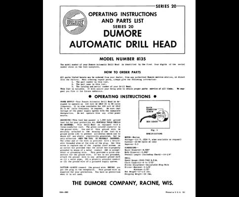 Dumore Series 20 Model 8135 Automatic Drill Head Manual