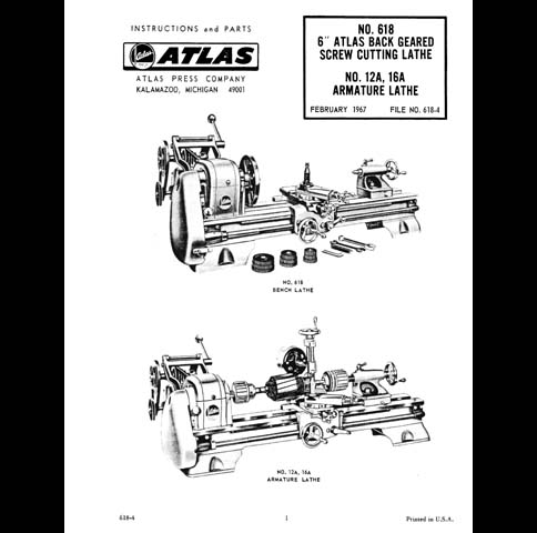 Atlas 6 Inch No. 618 Lathe Manual Instructions & Parts