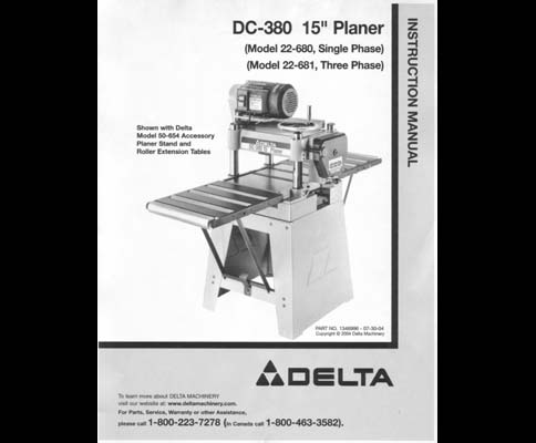 Delta DC-380 15 Inch Planer Manual Instructions & Parts